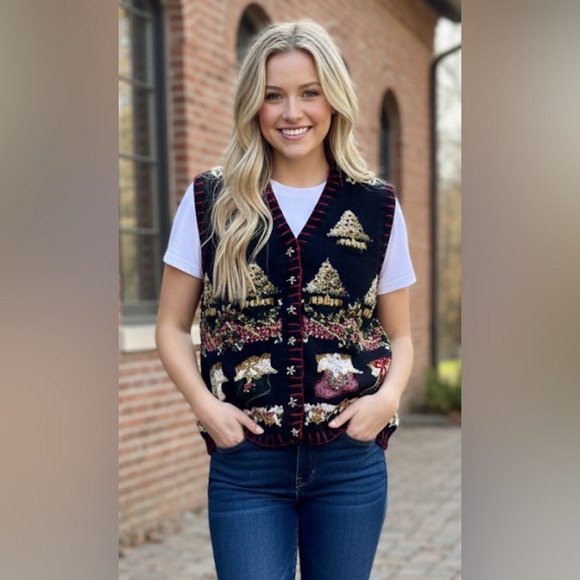 Tiara Sweaters - TIARA International Vintage Black Knit Embroidered Holiday Xmas Tree Vest XL